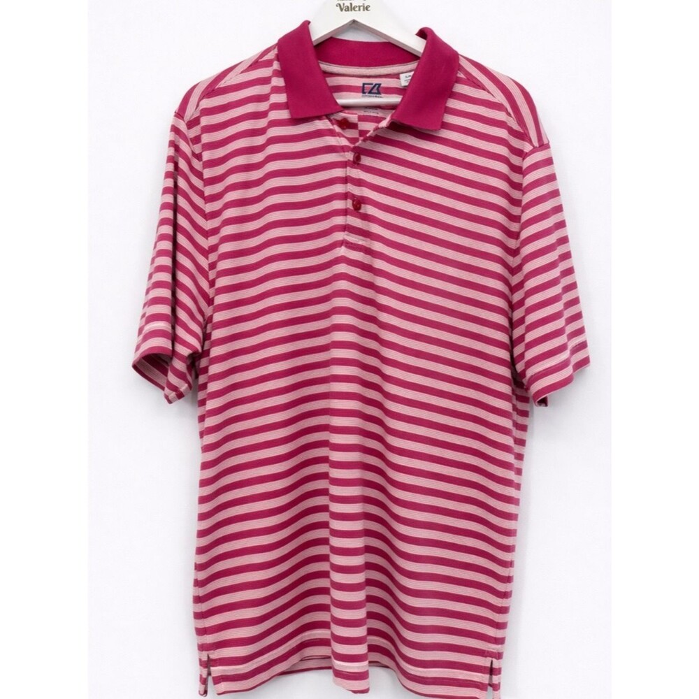 Cutter & Buck Pink Polo Striped Top Golf Short Sleeve Size Large 50 UPF Athletic